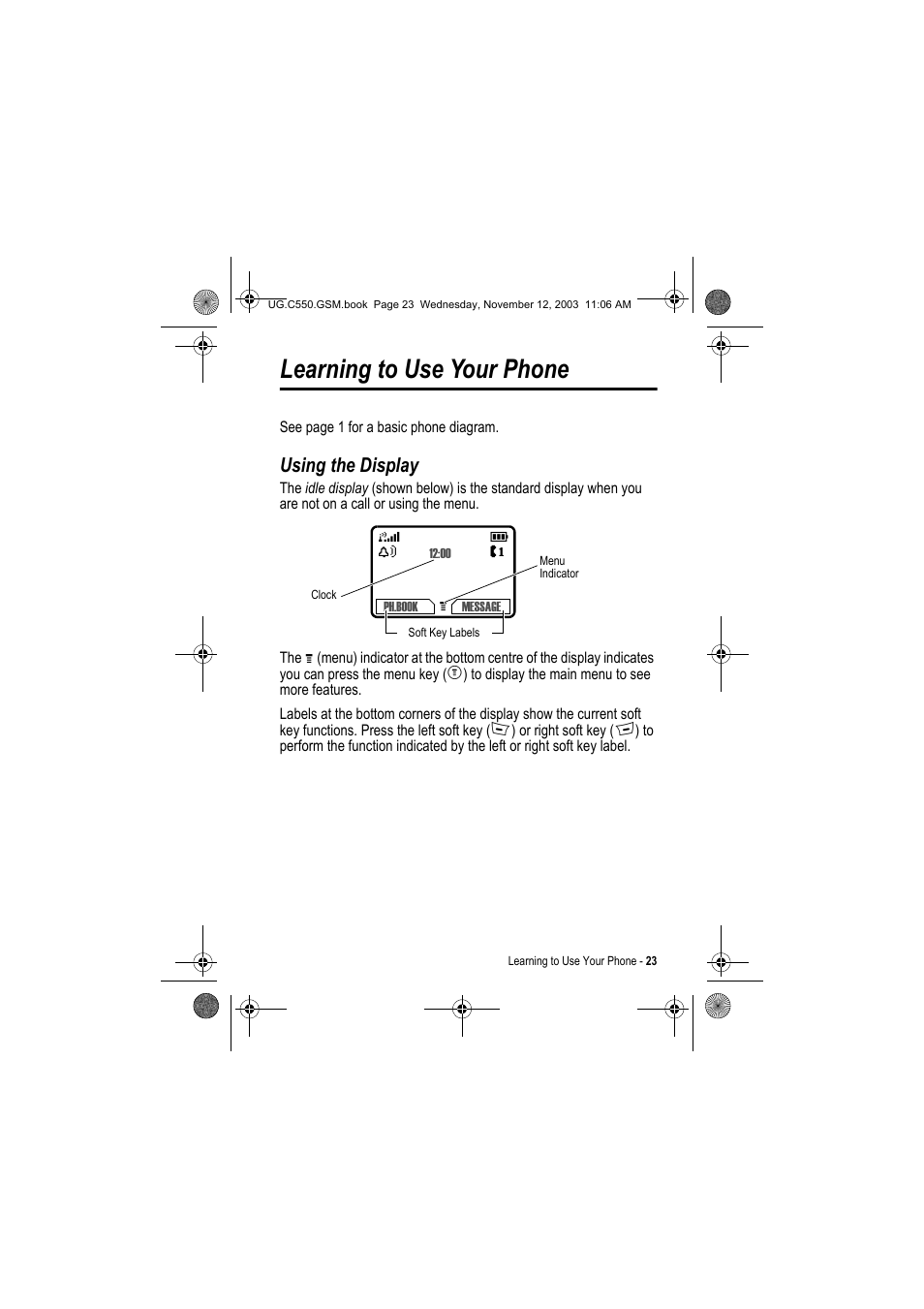 Learning to use your phone, Using the display | Motorola C550 User Manual | Page 23 / 110