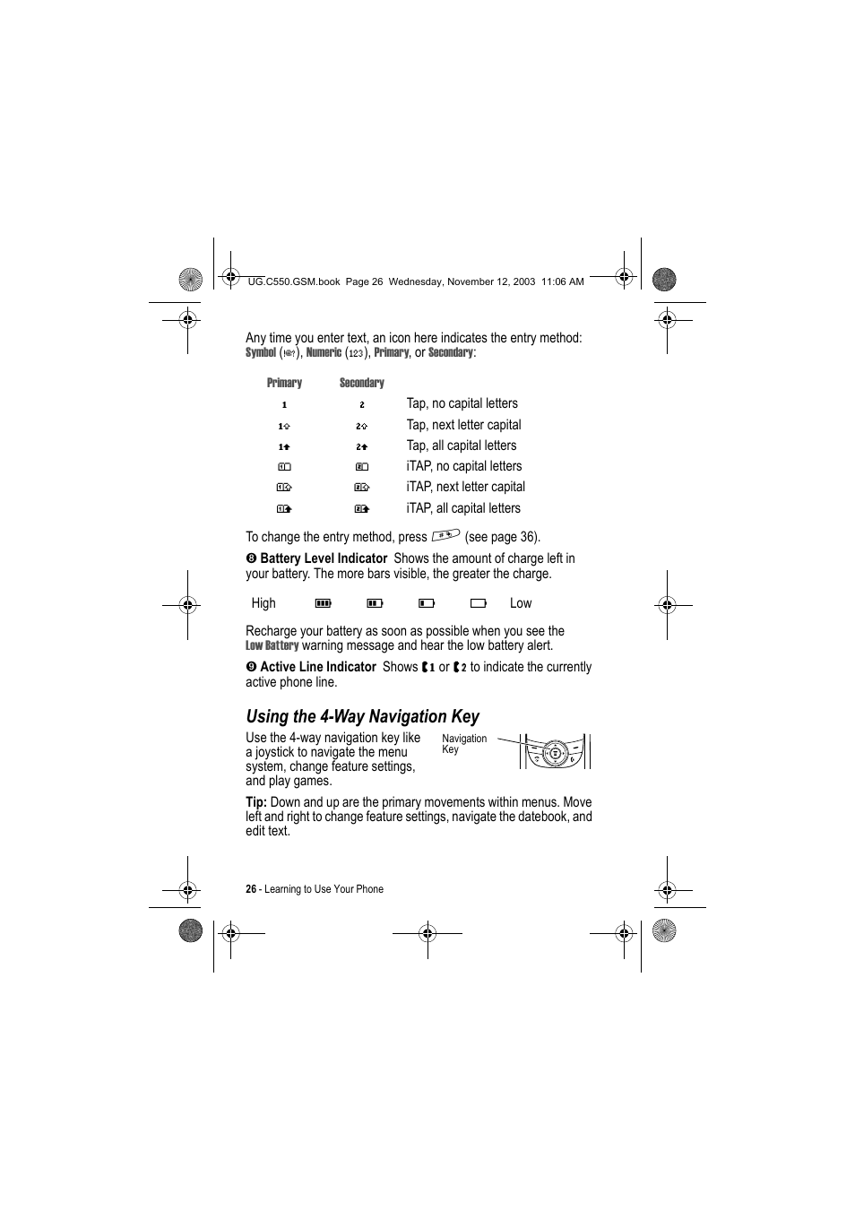 Using the 4-way navigation key | Motorola C550 User Manual | Page 26 / 110