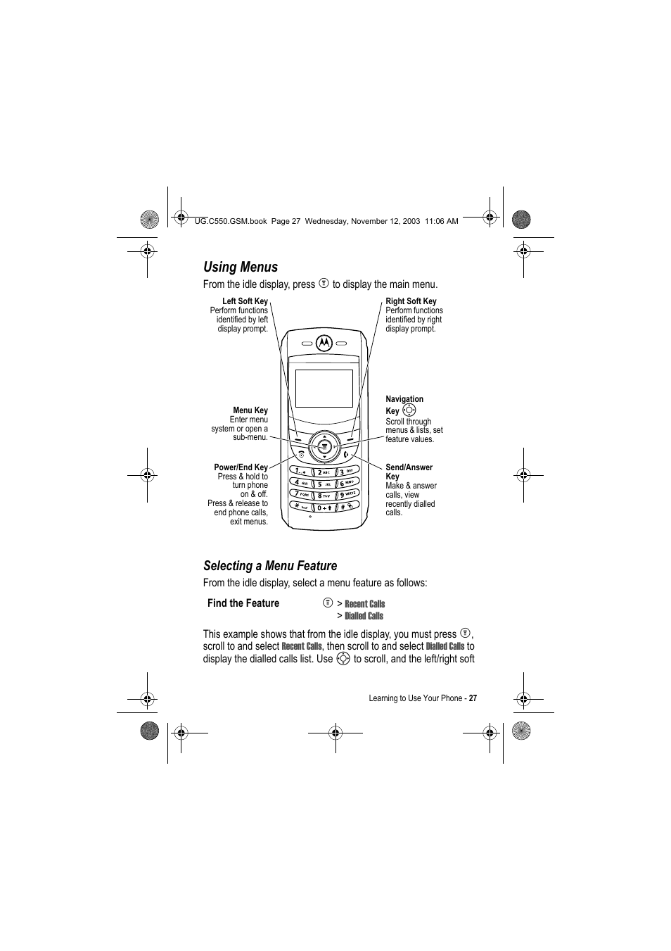 Using menus, Selecting a menu feature | Motorola C550 User Manual | Page 27 / 110