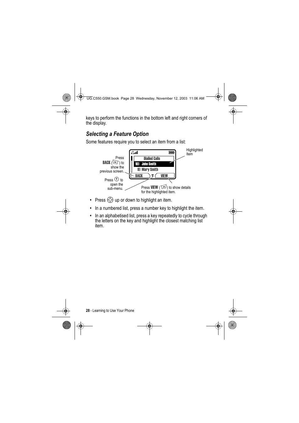 Selecting a feature option | Motorola C550 User Manual | Page 28 / 110