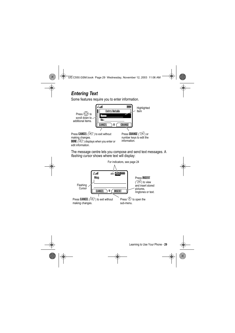 Entering text | Motorola C550 User Manual | Page 29 / 110