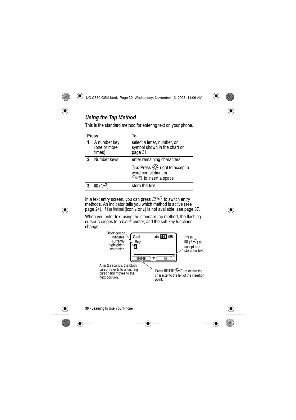 Using the tap method | Motorola C550 User Manual | Page 30 / 110