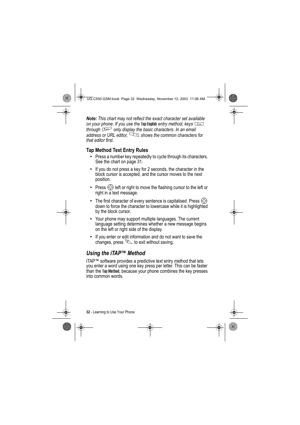 Using the itap™ method | Motorola C550 User Manual | Page 32 / 110