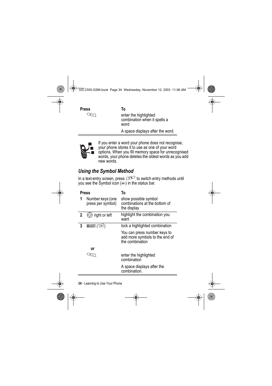 Using the symbol method | Motorola C550 User Manual | Page 34 / 110