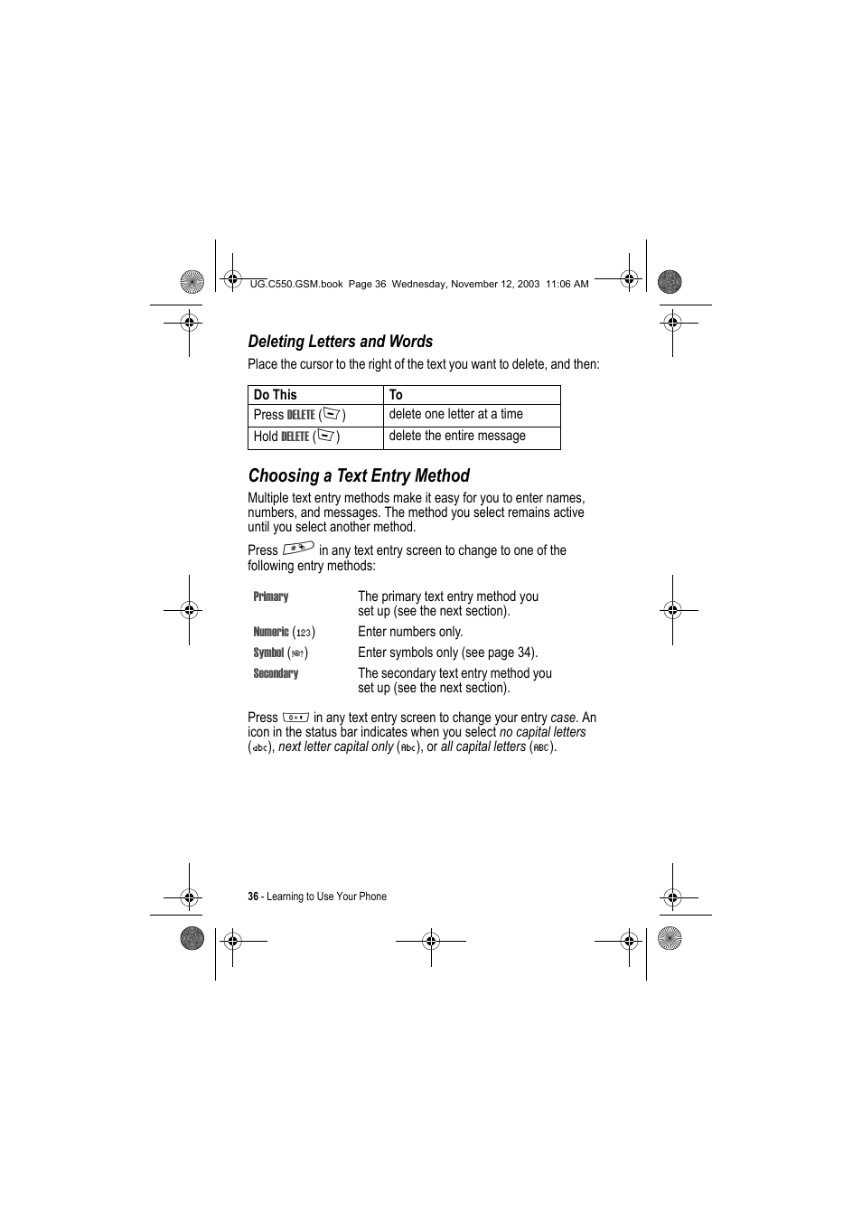 Choosing a text entry method, Deleting letters and words | Motorola C550 User Manual | Page 36 / 110