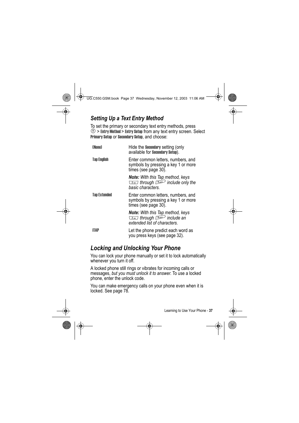 Locking and unlocking your phone, Setting up a text entry method | Motorola C550 User Manual | Page 37 / 110