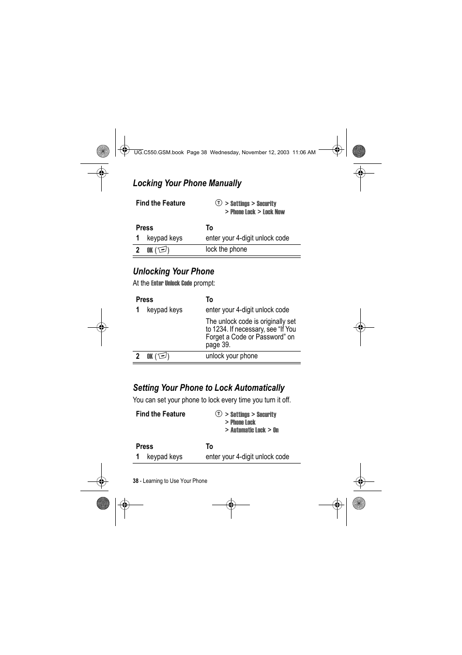 Locking your phone manually unlocking your phone, Setting your phone to lock automatically | Motorola C550 User Manual | Page 38 / 110