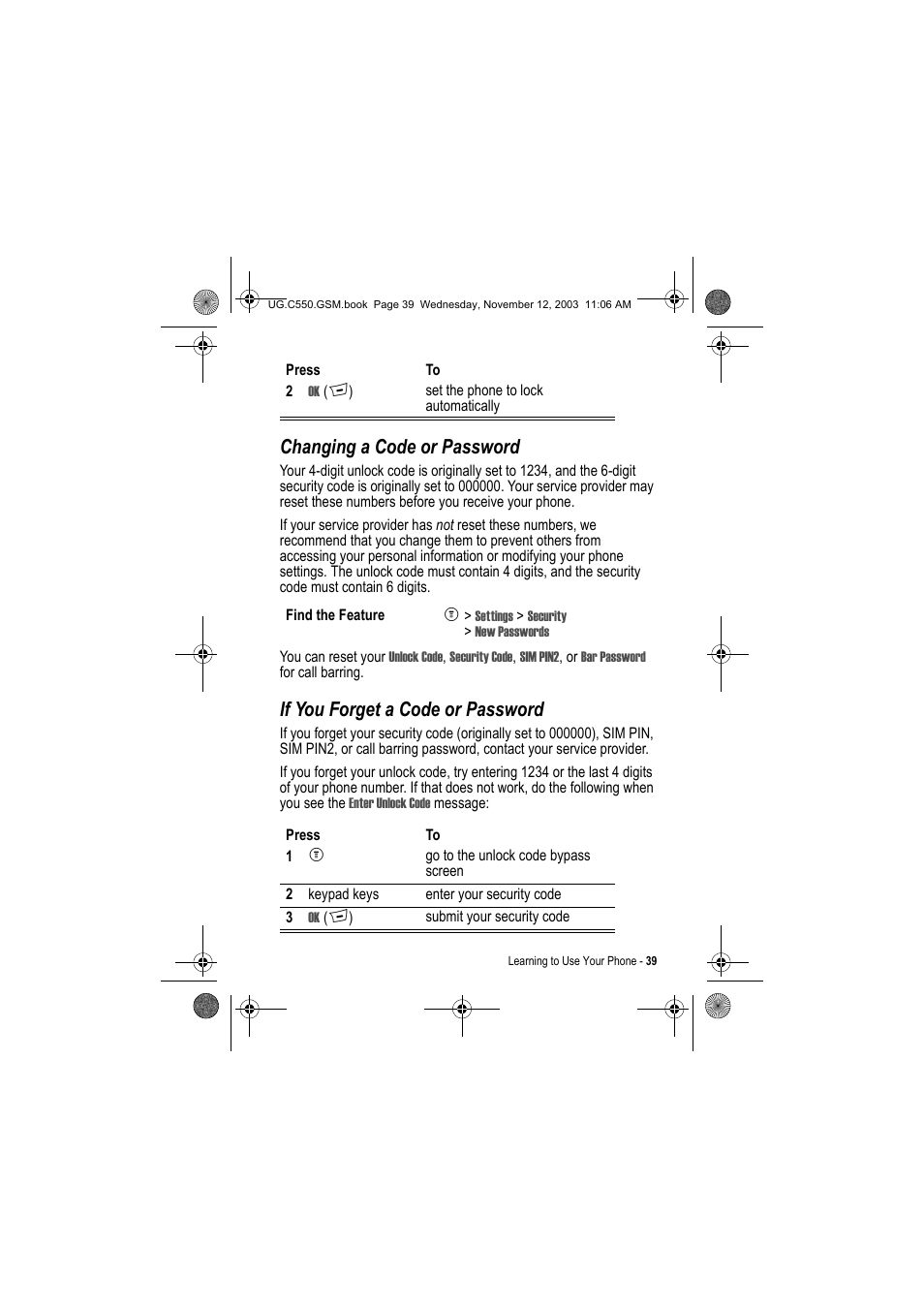 Changing a code or password, If you forget a code or password | Motorola C550 User Manual | Page 39 / 110