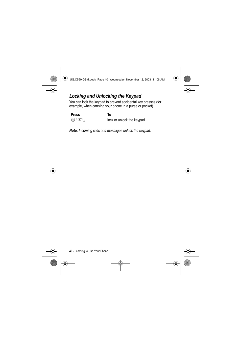 Locking and unlocking the keypad | Motorola C550 User Manual | Page 40 / 110