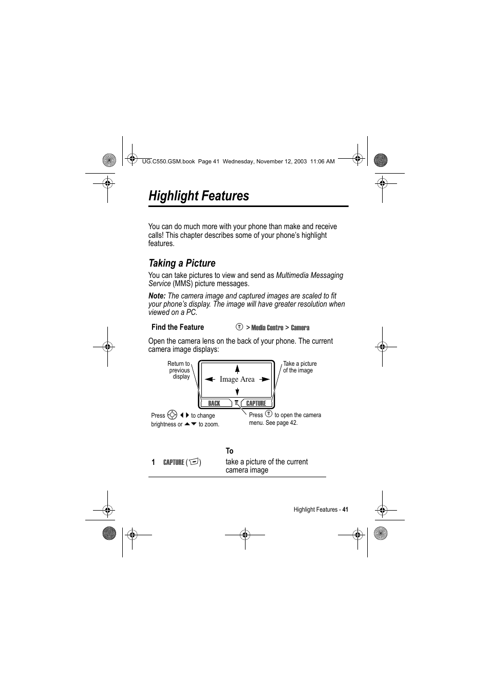 Highlight features, Taking a picture | Motorola C550 User Manual | Page 41 / 110