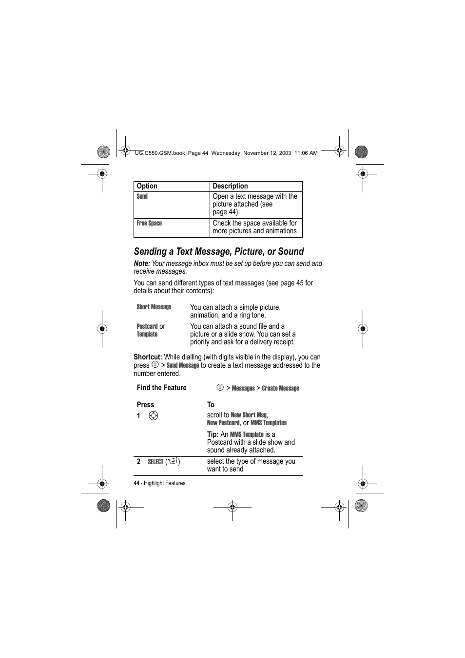 Sending a text message, picture, or sound | Motorola C550 User Manual | Page 44 / 110