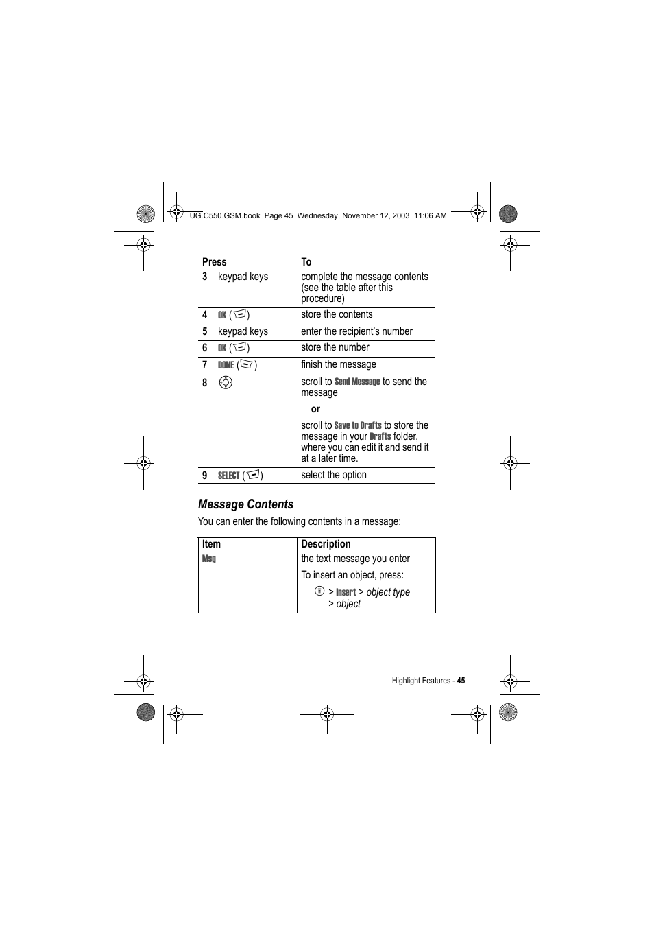 Message contents | Motorola C550 User Manual | Page 45 / 110