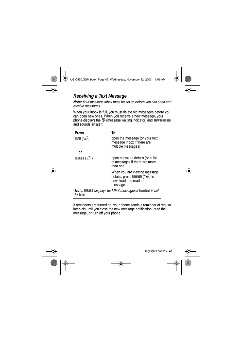 Receiving a text message | Motorola C550 User Manual | Page 47 / 110