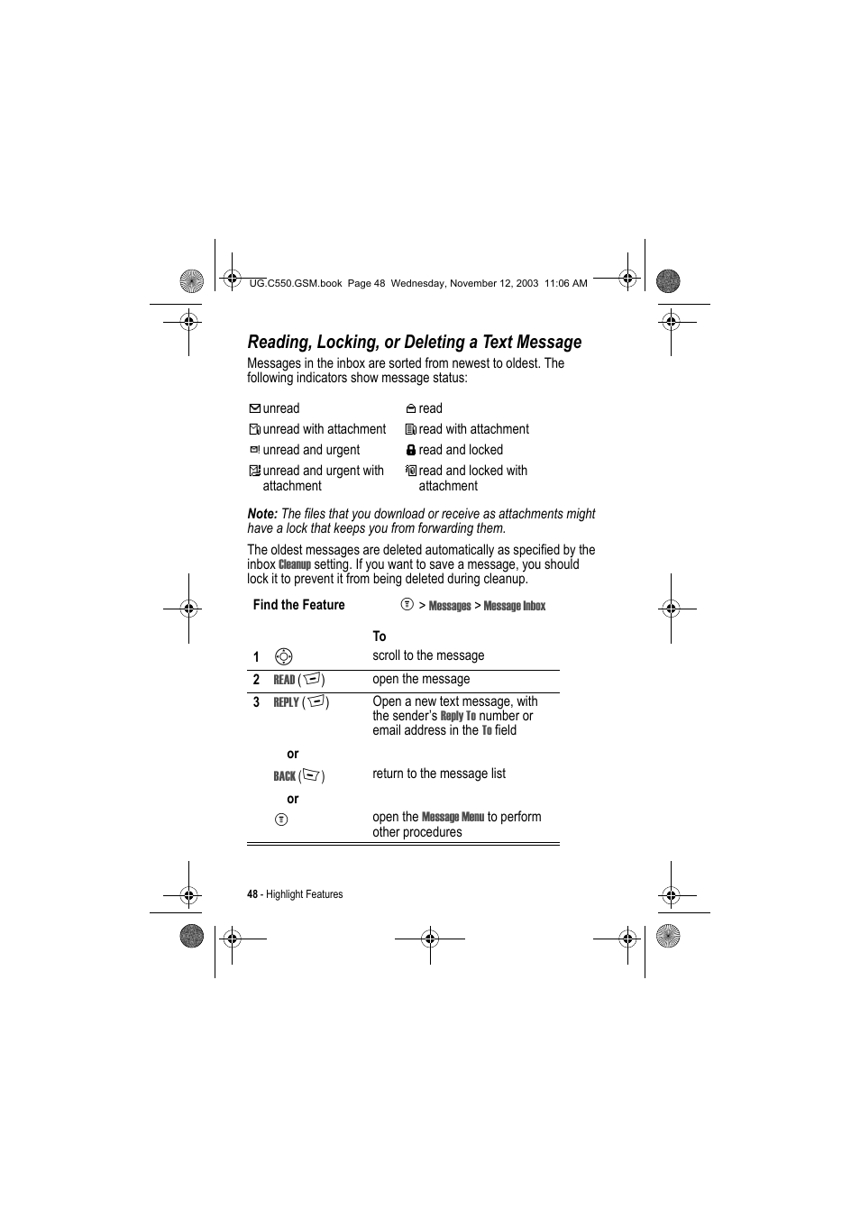 Reading, locking, or deleting a text message | Motorola C550 User Manual | Page 48 / 110