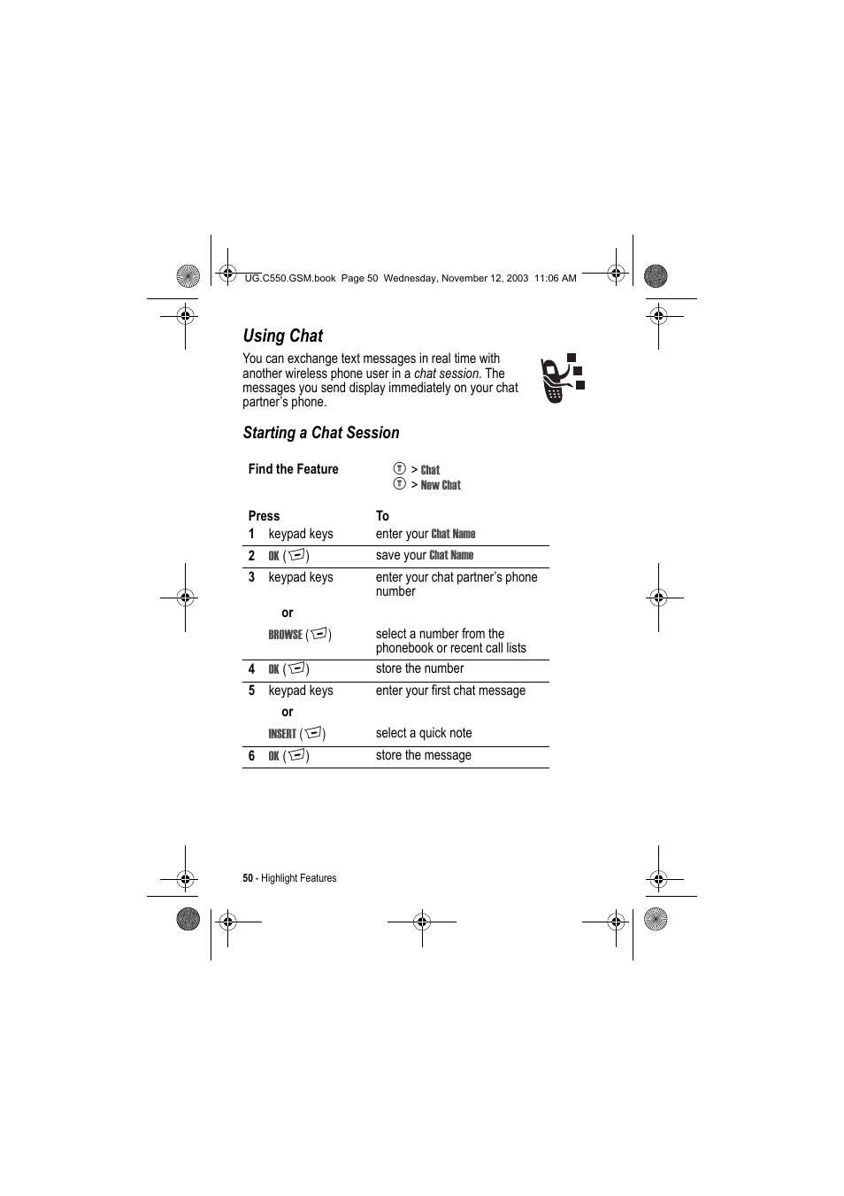 Using chat, Starting a chat session | Motorola C550 User Manual | Page 50 / 110