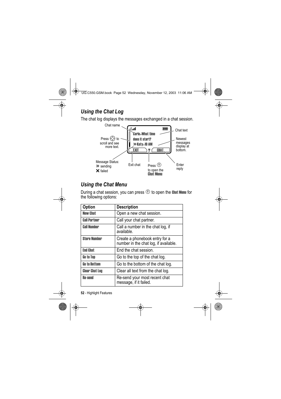 Using the chat log, Using the chat menu | Motorola C550 User Manual | Page 52 / 110