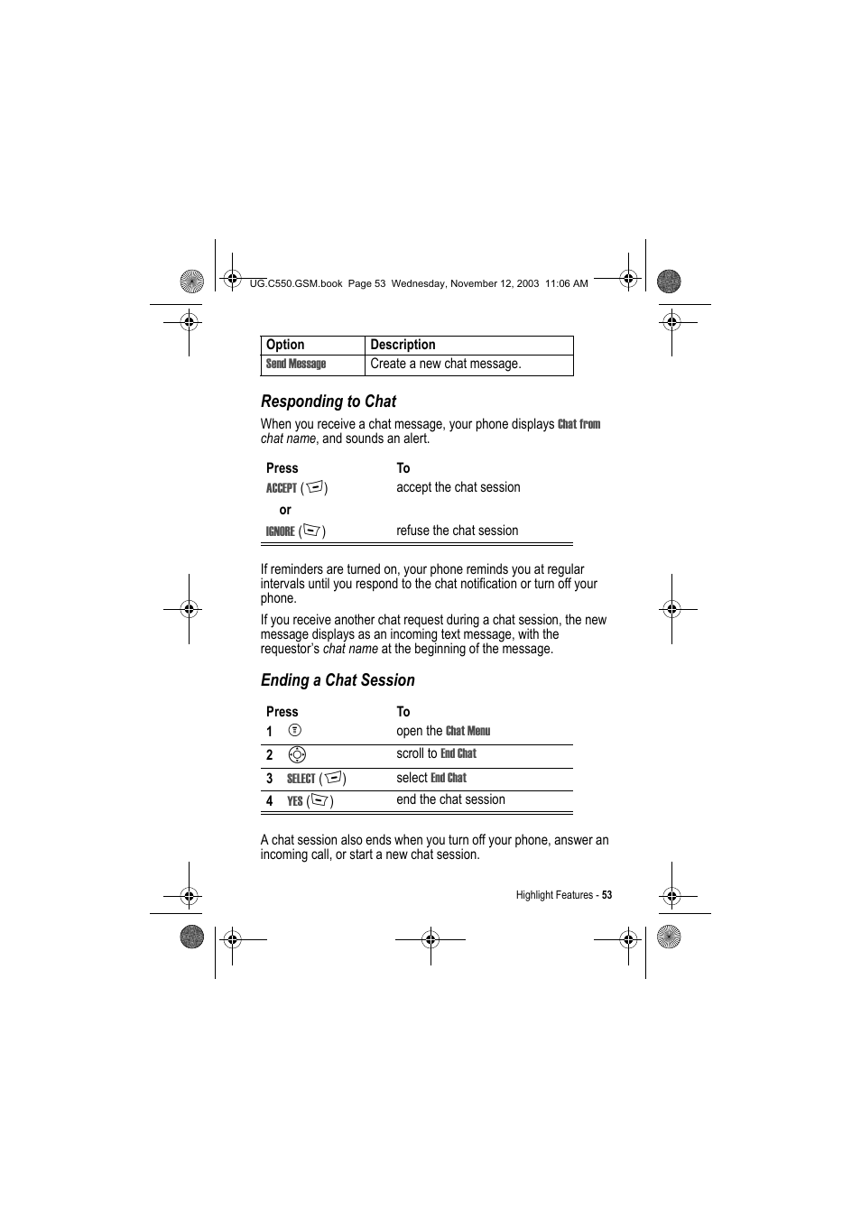 Responding to chat, Ending a chat session | Motorola C550 User Manual | Page 53 / 110