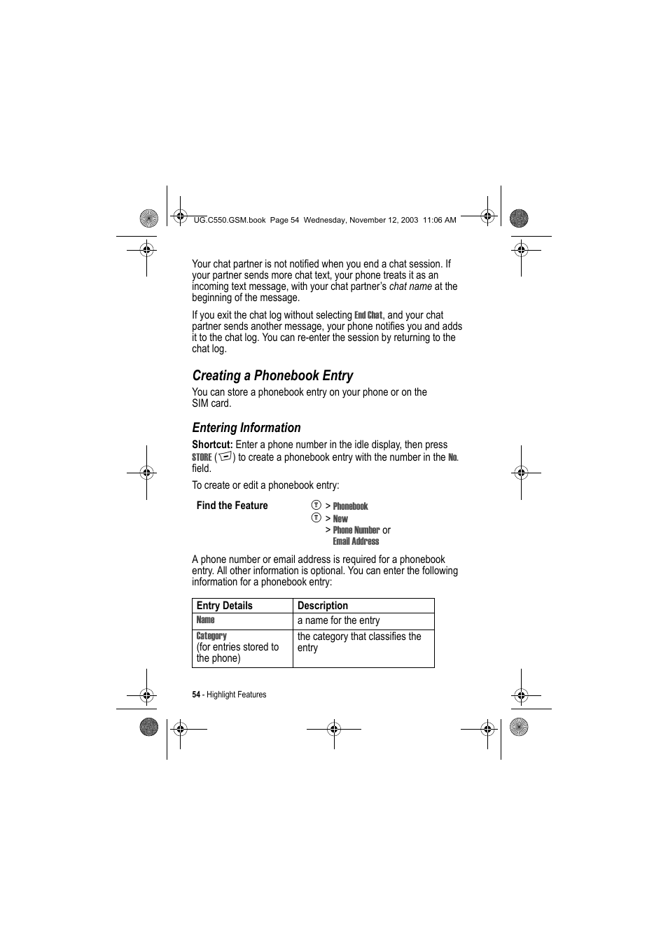 Creating a phonebook entry, Entering information | Motorola C550 User Manual | Page 54 / 110