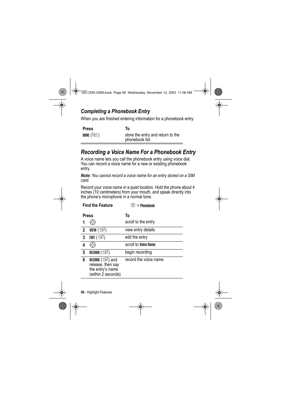 Recording a voice name for a phonebook entry, Completing a phonebook entry | Motorola C550 User Manual | Page 56 / 110