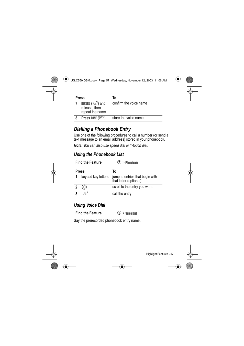 Dialling a phonebook entry, Using the phonebook list using voice dial | Motorola C550 User Manual | Page 57 / 110