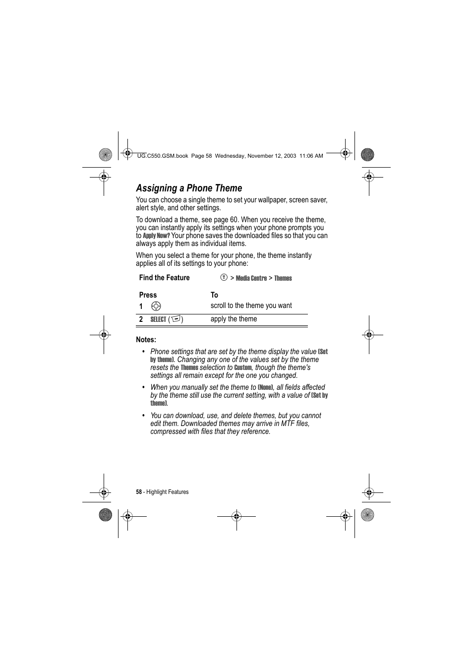 Assigning a phone theme | Motorola C550 User Manual | Page 58 / 110