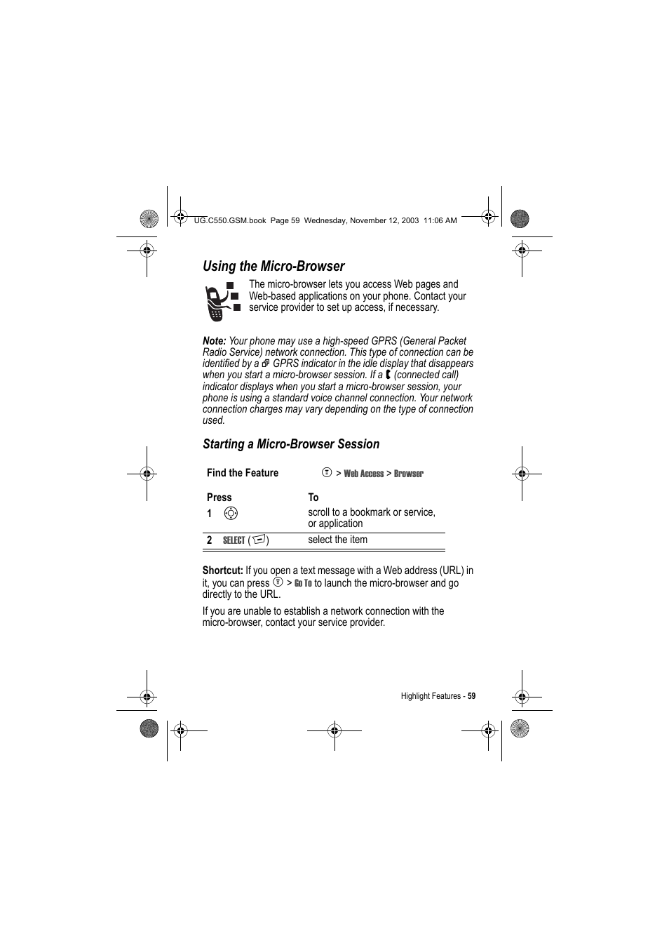 Using the micro-browser, Starting a micro-browser session | Motorola C550 User Manual | Page 59 / 110