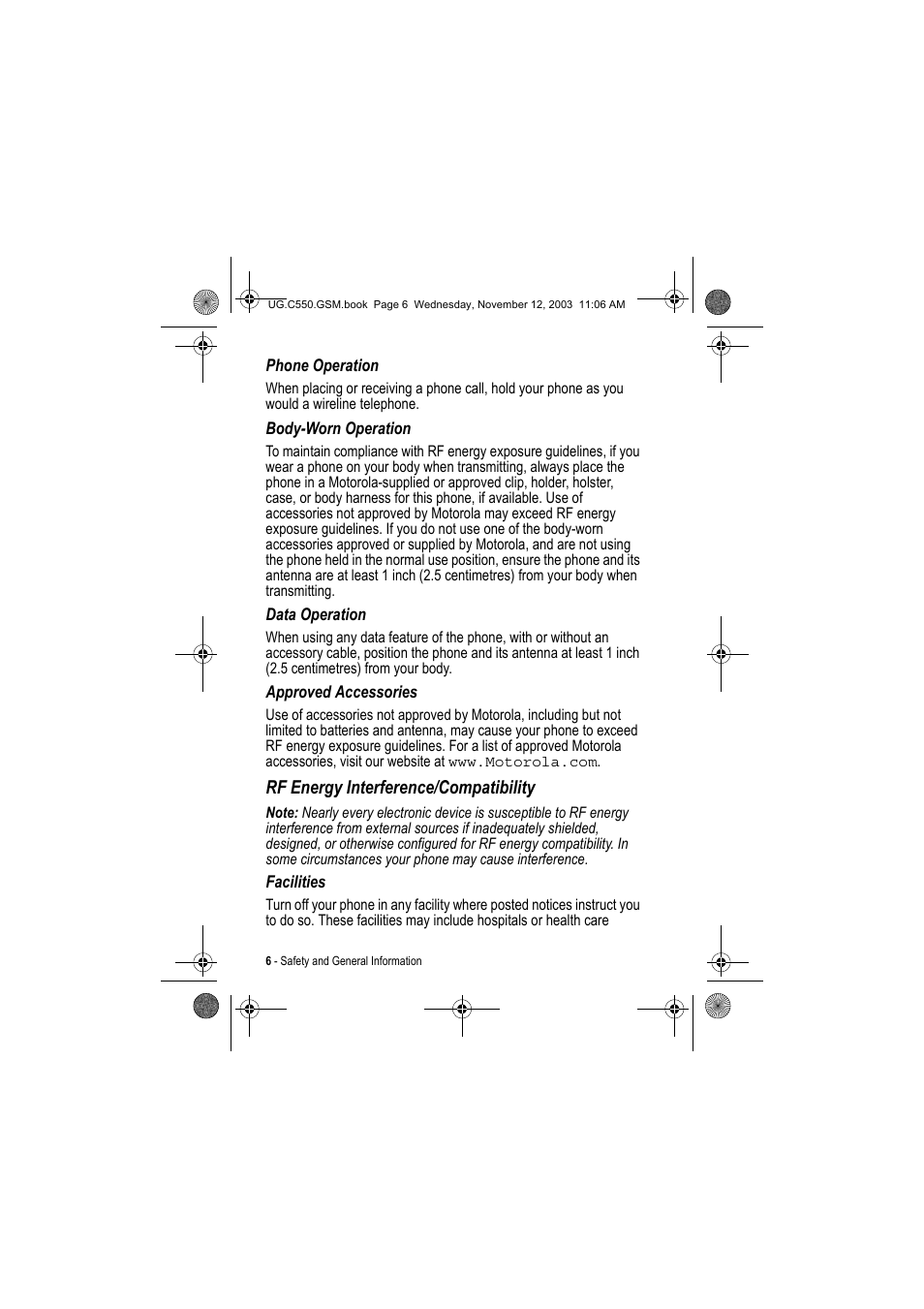 Rf energy interference/compatibility | Motorola C550 User Manual | Page 6 / 110