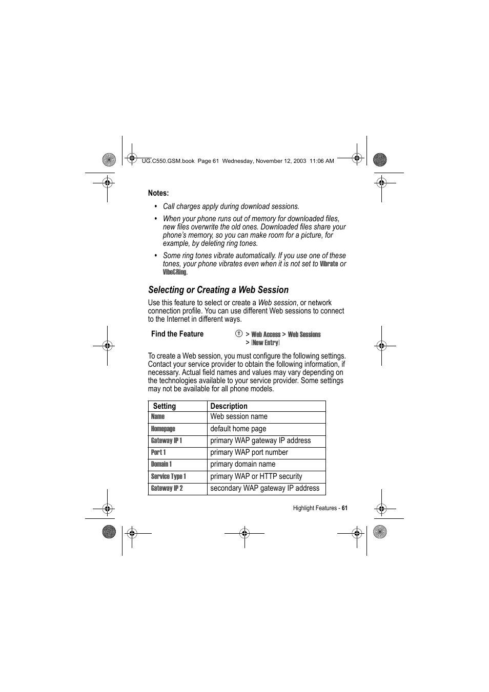 Selecting or creating a web session | Motorola C550 User Manual | Page 61 / 110