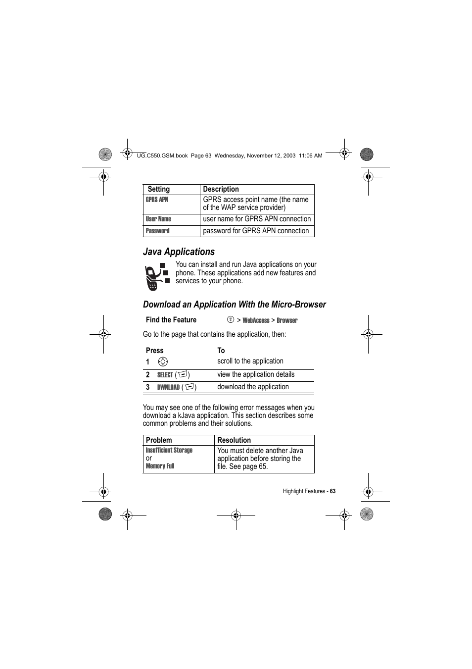 Java applications, Download an application with the micro-browser | Motorola C550 User Manual | Page 63 / 110