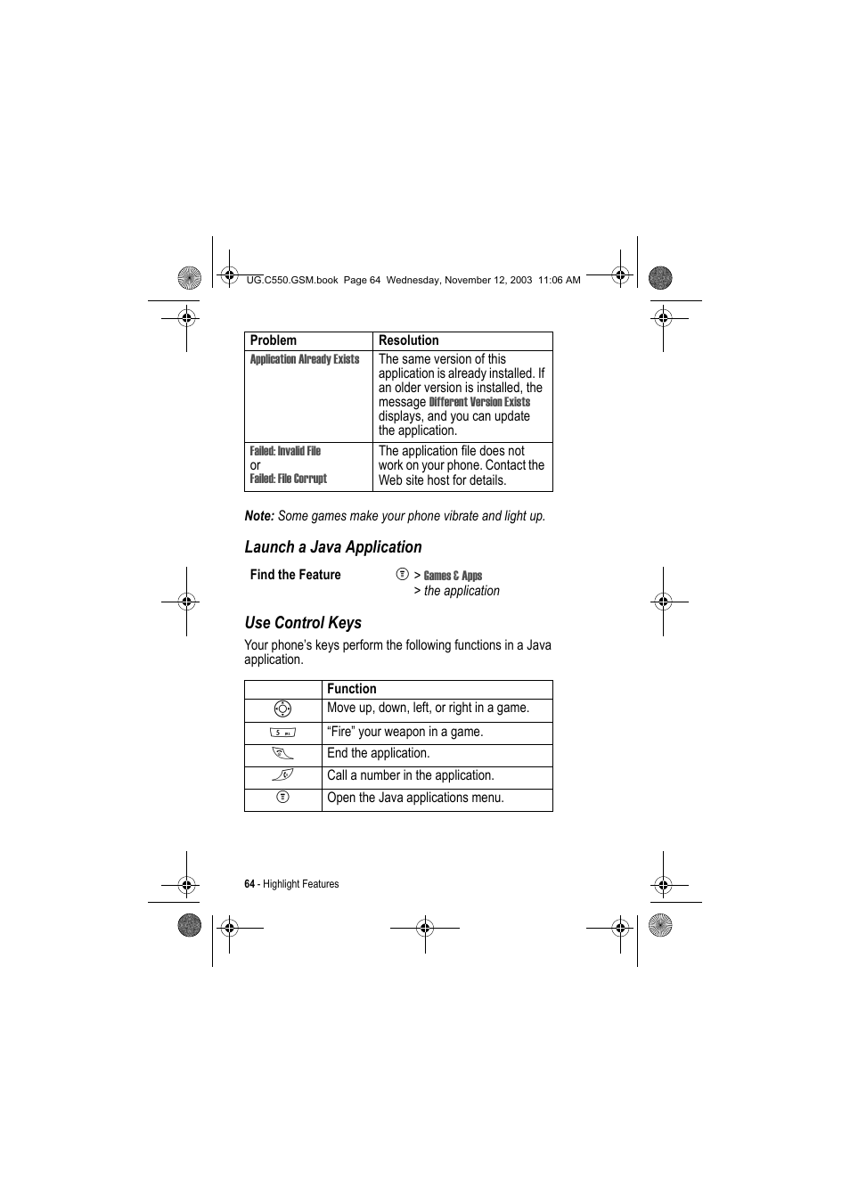 Launch a java application use control keys | Motorola C550 User Manual | Page 64 / 110