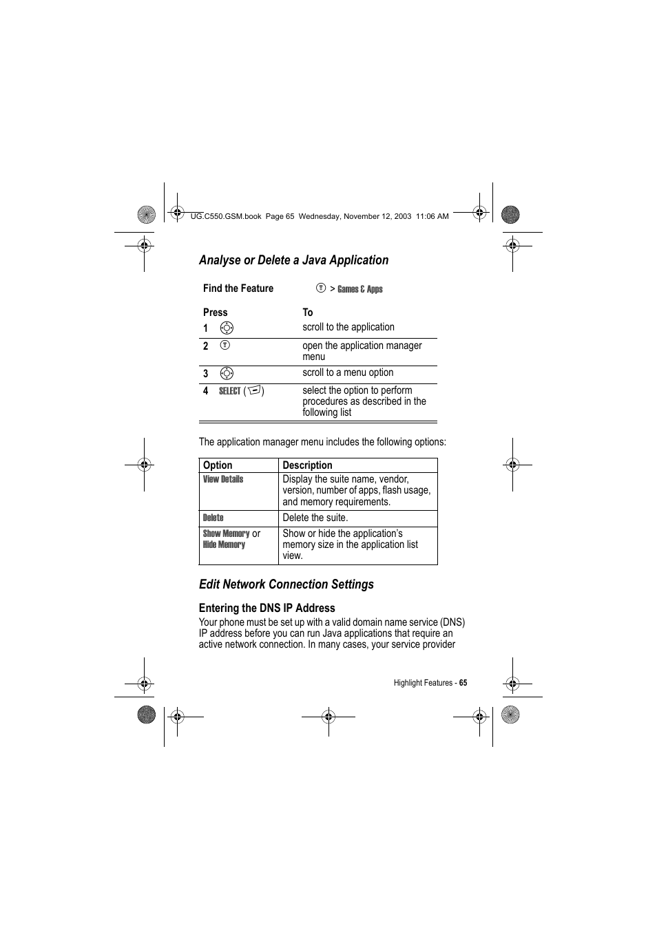 Analyse or delete a java application, Edit network connection settings | Motorola C550 User Manual | Page 65 / 110