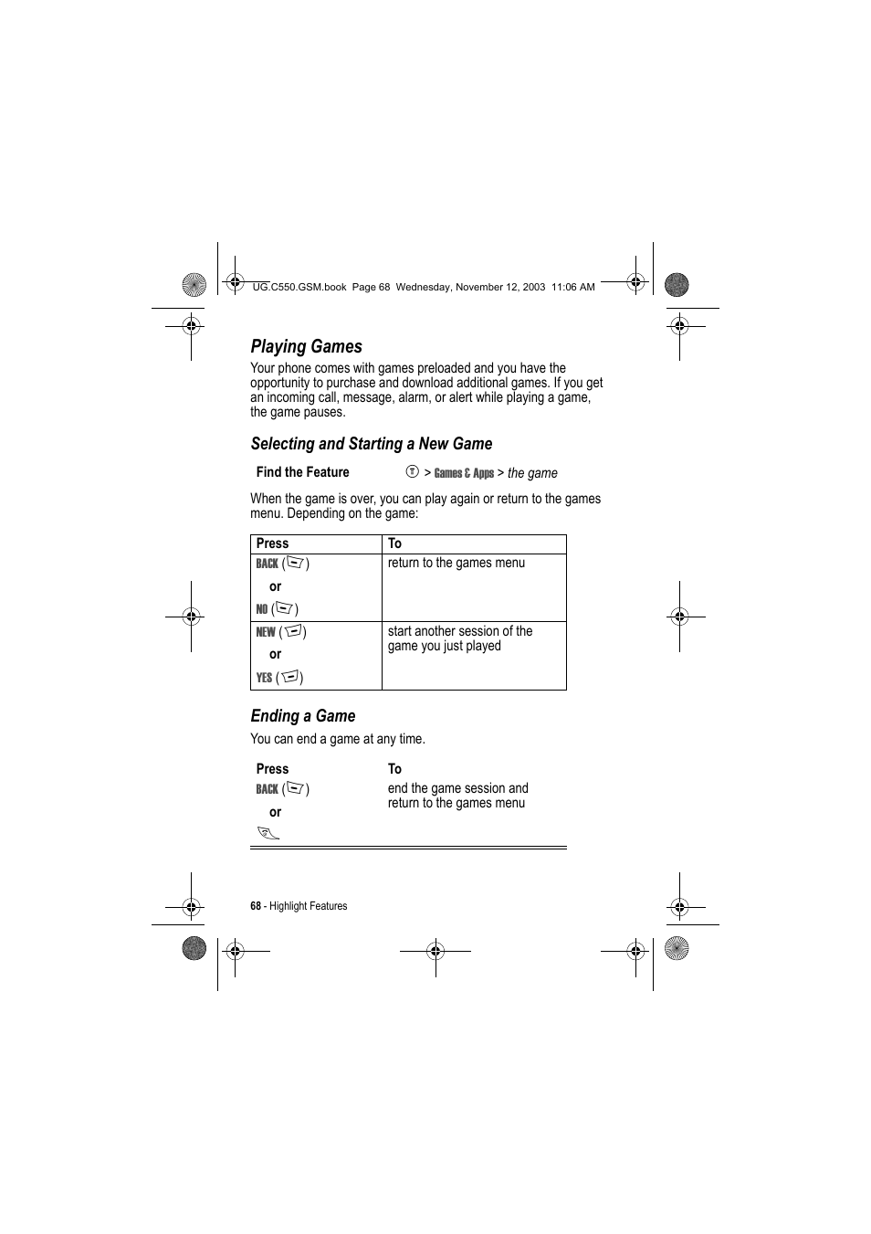 Playing games, Selecting and starting a new game, Ending a game | Motorola C550 User Manual | Page 68 / 110