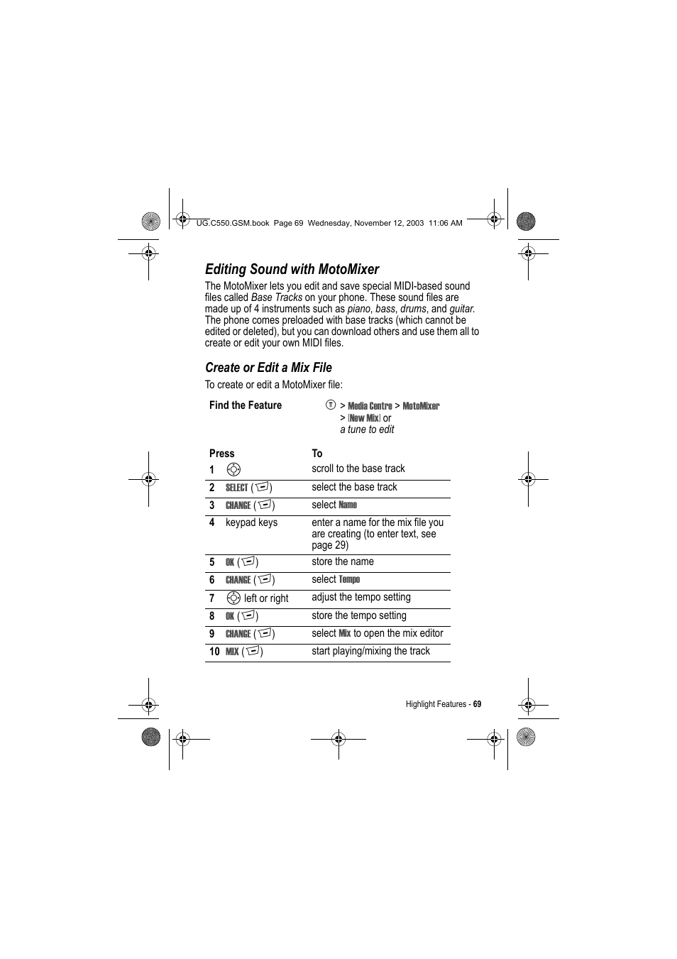 Editing sound with motomixer, Create or edit a mix file | Motorola C550 User Manual | Page 69 / 110