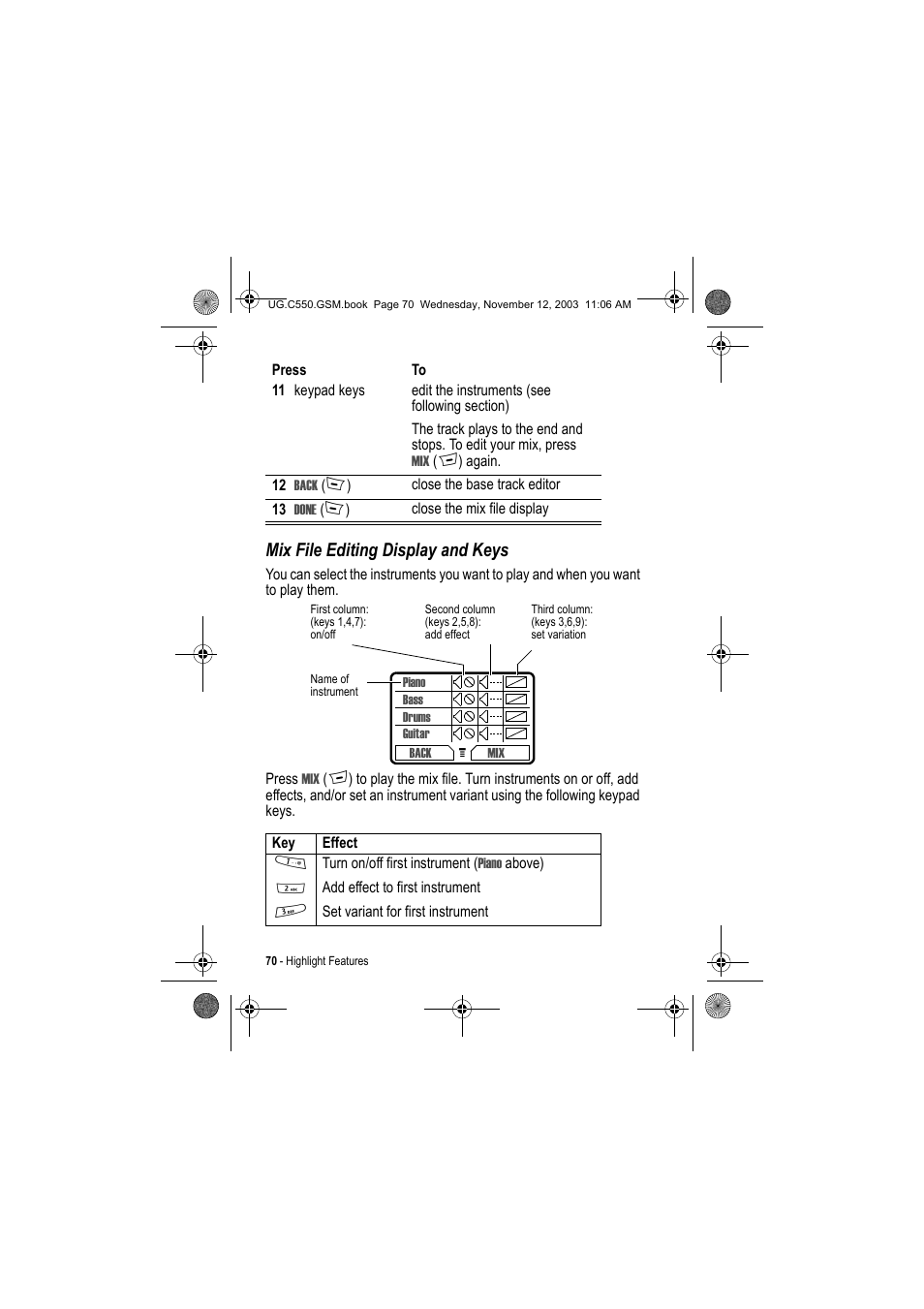 Mix file editing display and keys | Motorola C550 User Manual | Page 70 / 110