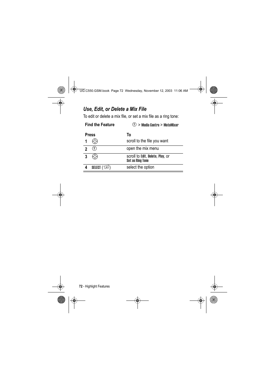 Use, edit, or delete a mix file | Motorola C550 User Manual | Page 72 / 110