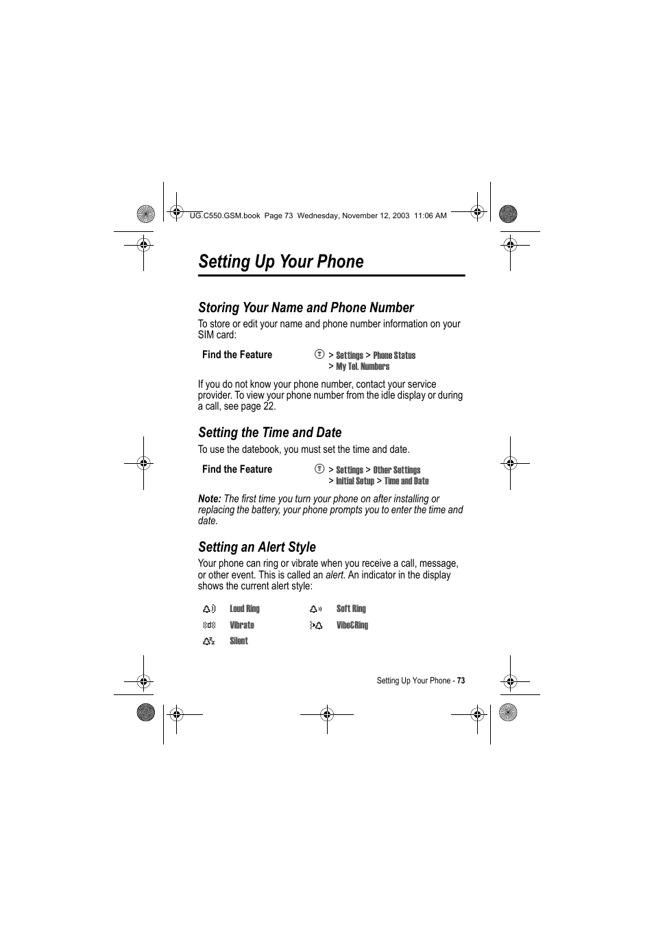 Setting up your phone, Storing your name and phone number, Setting the time and date | Setting an alert style | Motorola C550 User Manual | Page 73 / 110