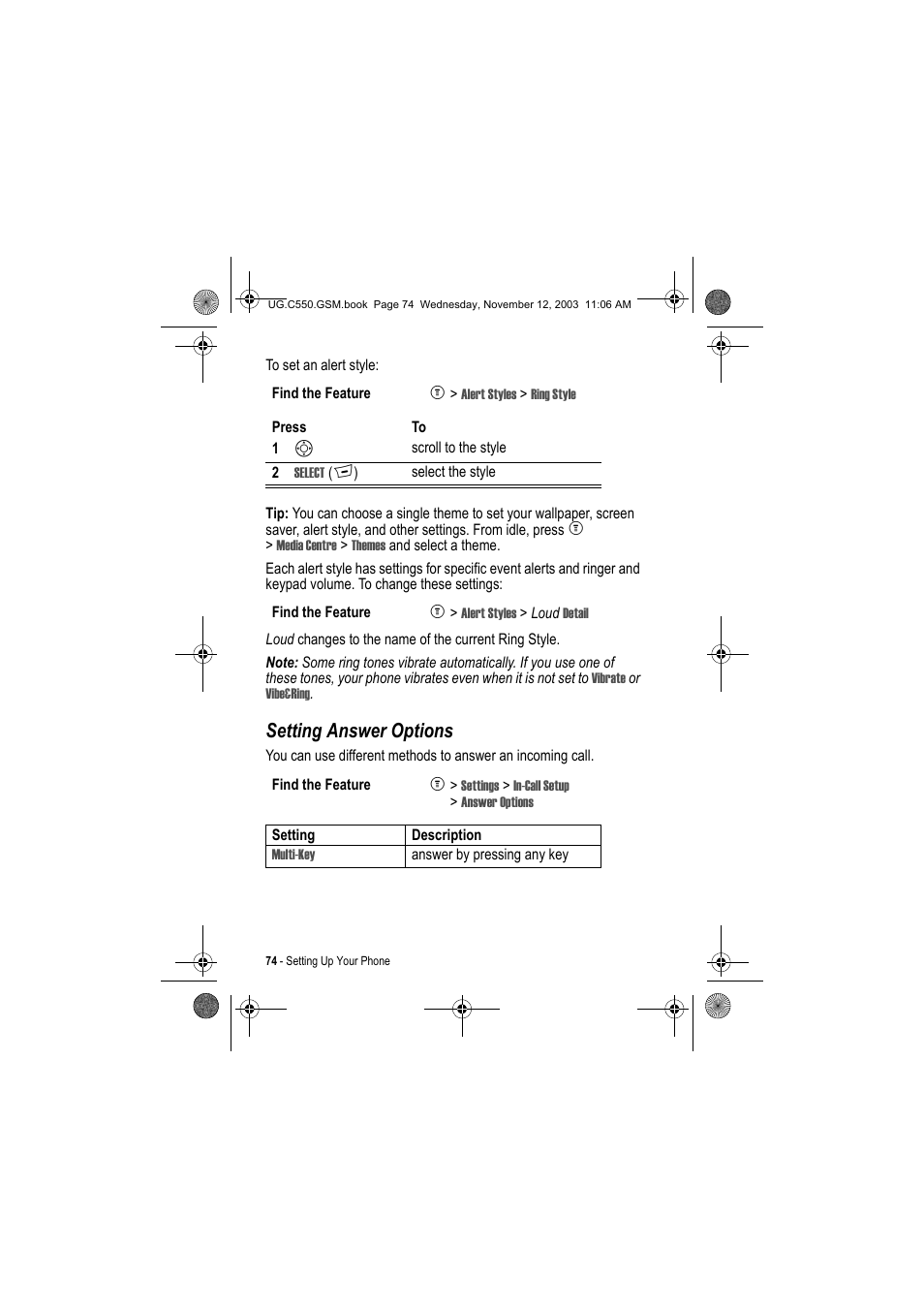 Setting answer options | Motorola C550 User Manual | Page 74 / 110