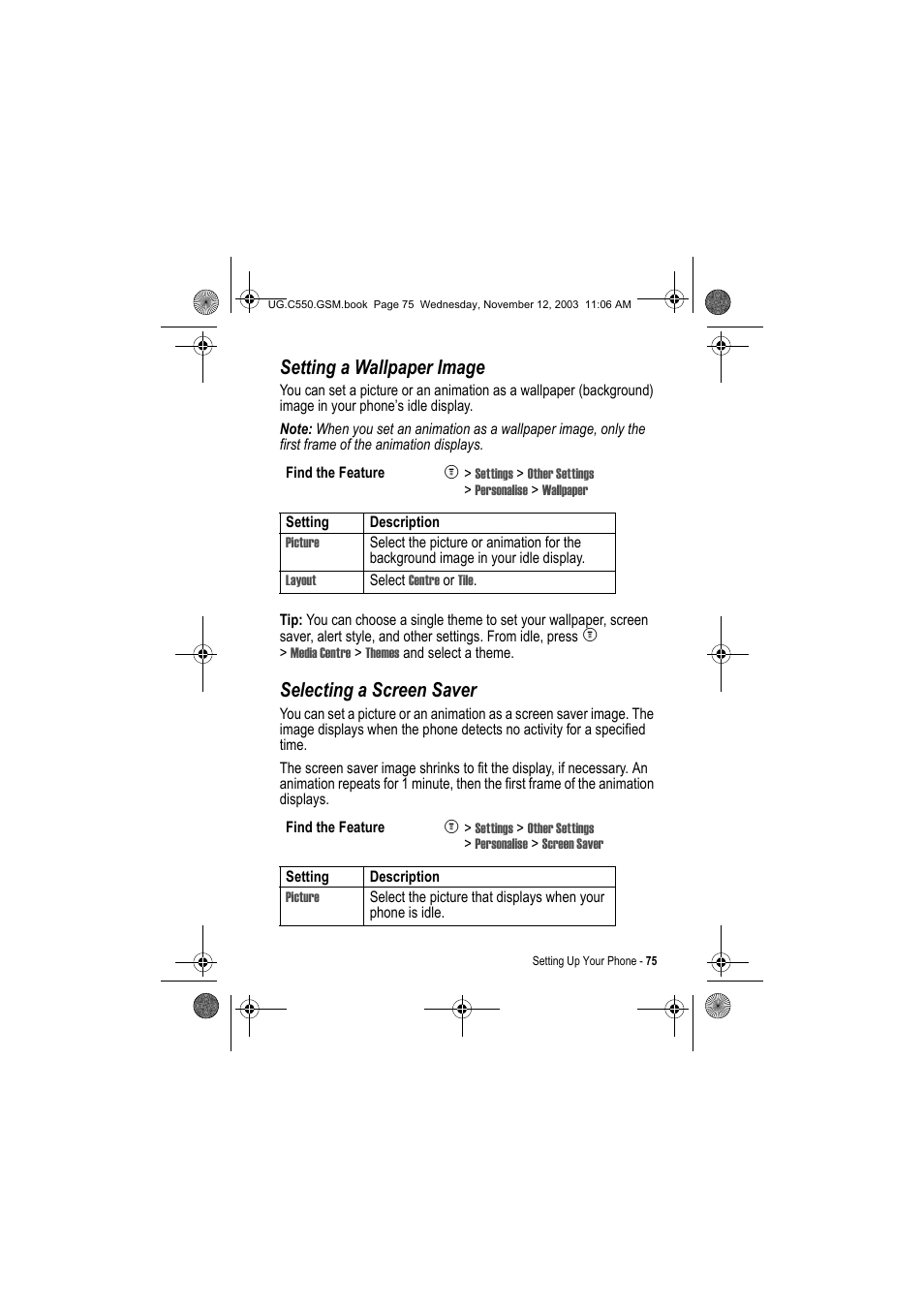 Setting a wallpaper image, Selecting a screen saver | Motorola C550 User Manual | Page 75 / 110