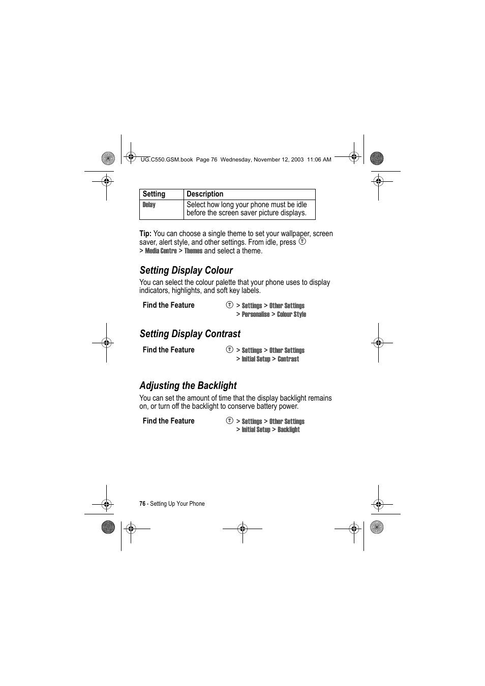 Setting display colour, Setting display contrast adjusting the backlight | Motorola C550 User Manual | Page 76 / 110