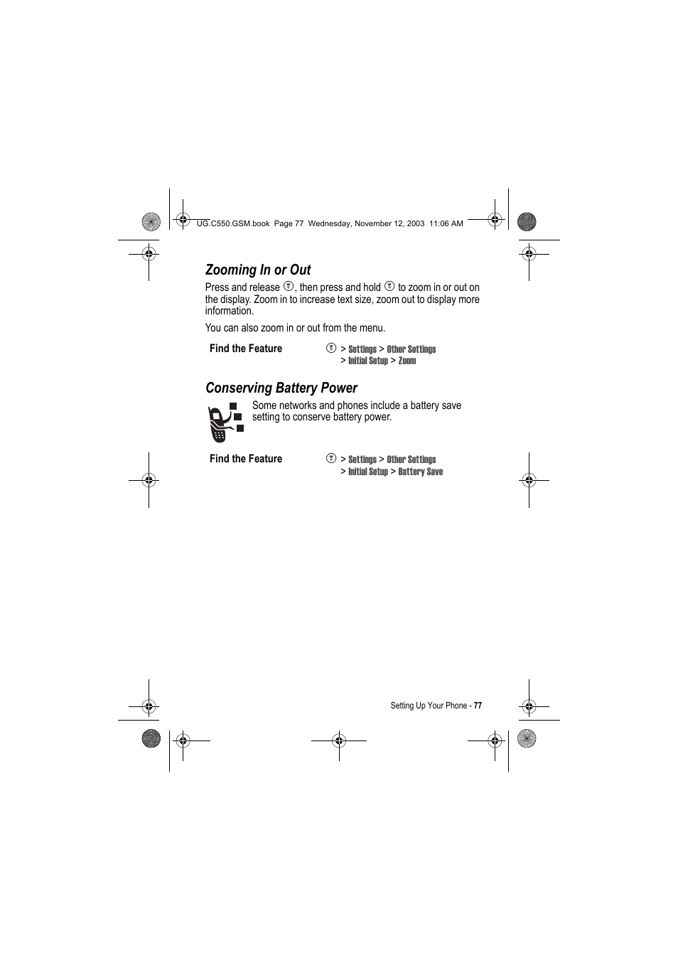 Zooming in or out, Conserving battery power | Motorola C550 User Manual | Page 77 / 110
