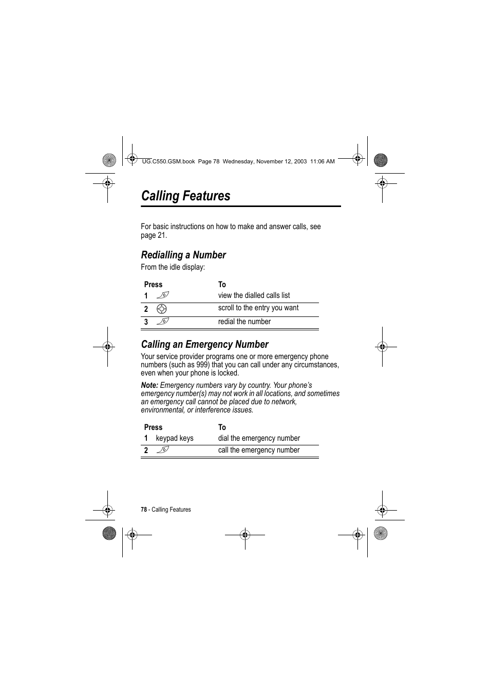 Calling features, Redialling a number, Calling an emergency number | Motorola C550 User Manual | Page 78 / 110