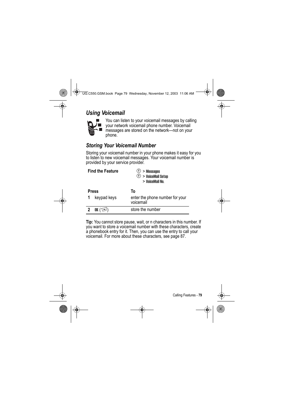 Using voicemail, Storing your voicemail number | Motorola C550 User Manual | Page 79 / 110