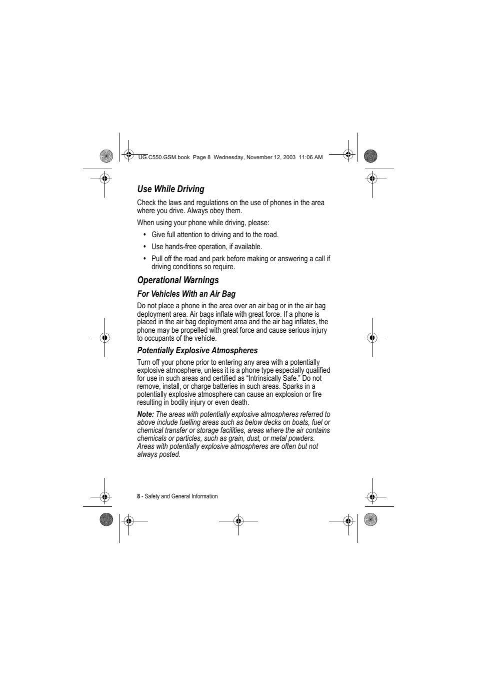 Use while driving, Operational warnings | Motorola C550 User Manual | Page 8 / 110