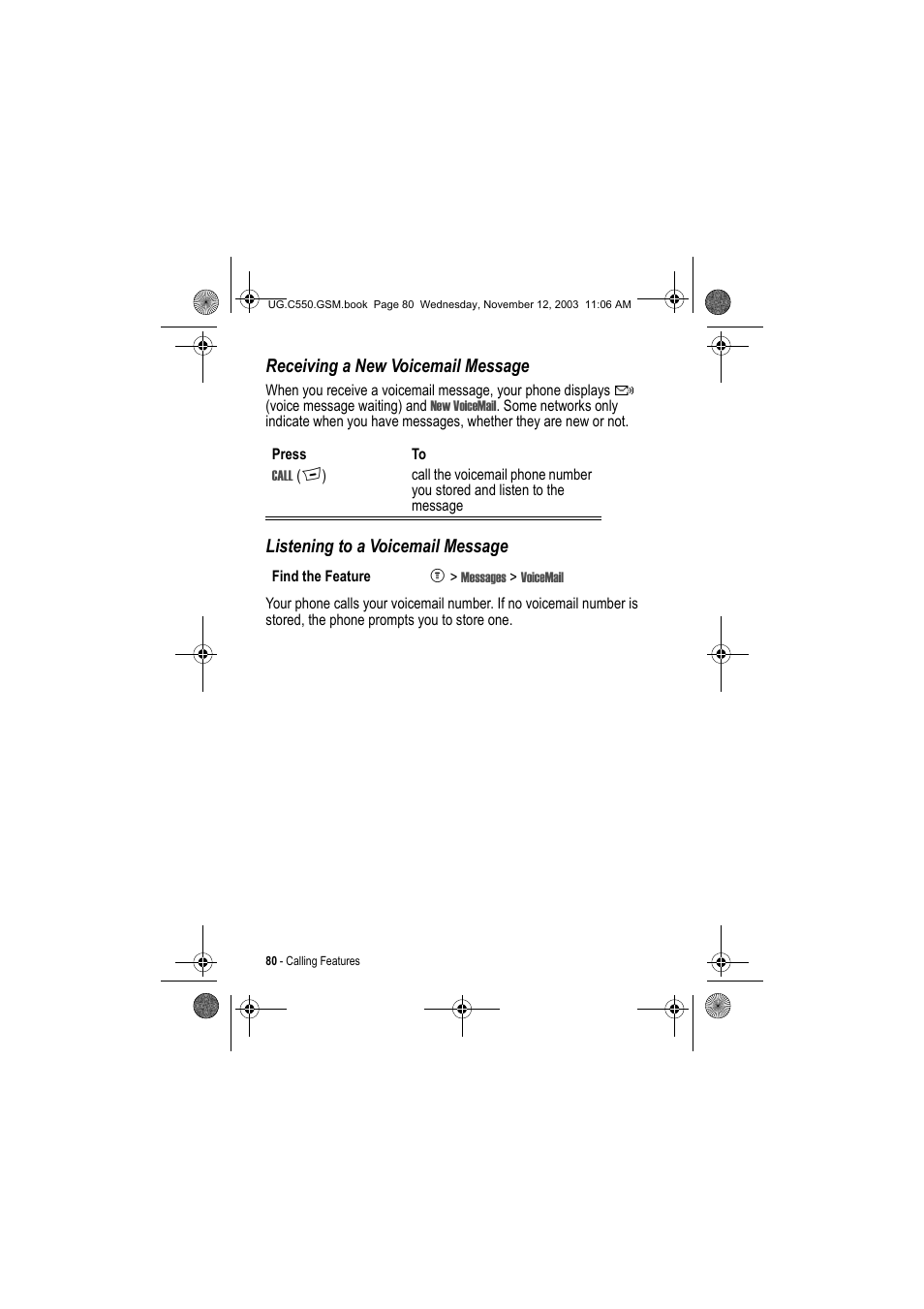 Receiving a new voicemail message, Listening to a voicemail message | Motorola C550 User Manual | Page 80 / 110