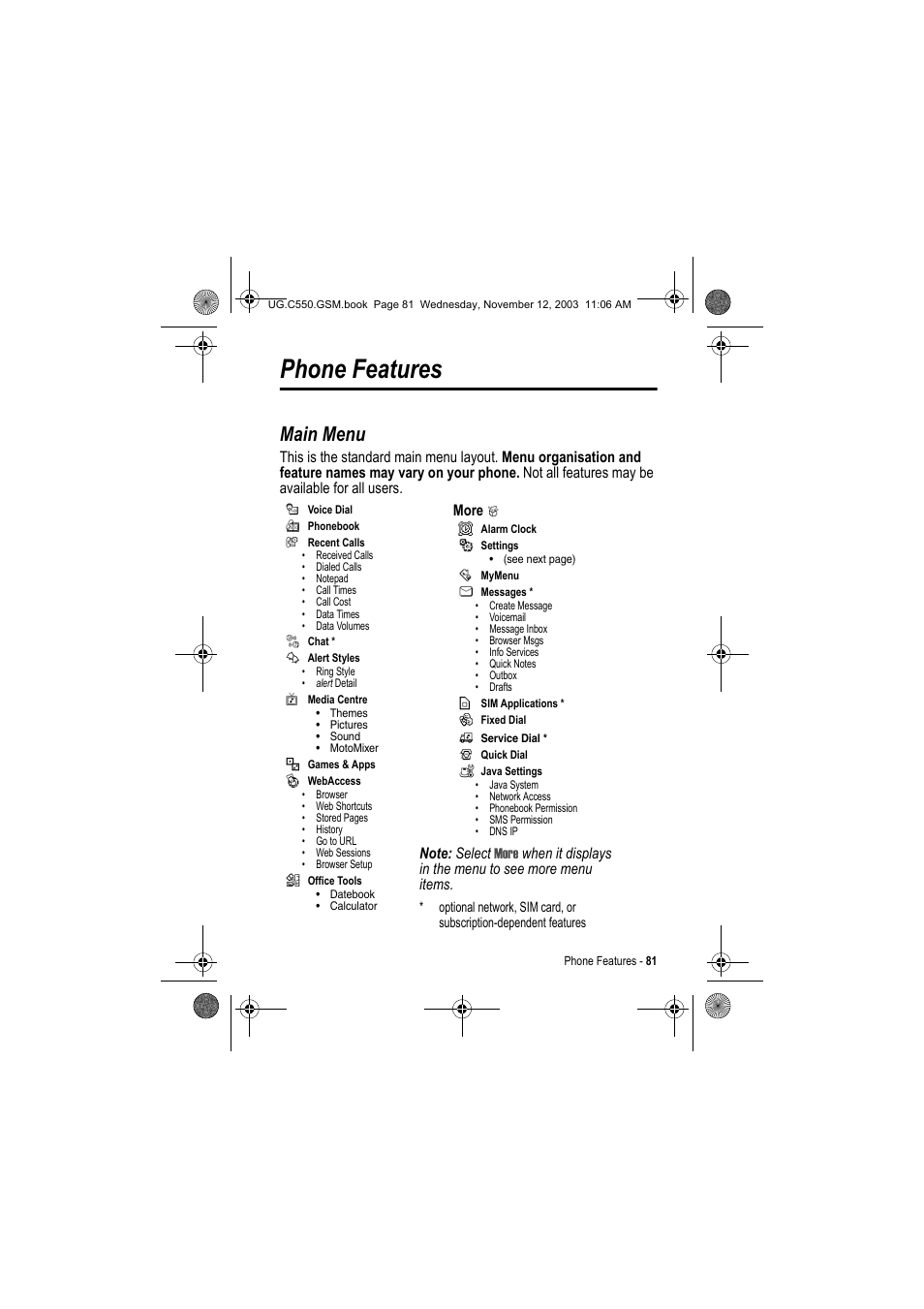 Phone features, Main menu | Motorola C550 User Manual | Page 81 / 110