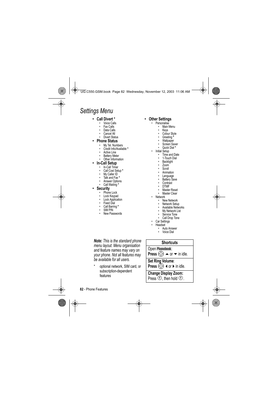 Settings menu | Motorola C550 User Manual | Page 82 / 110