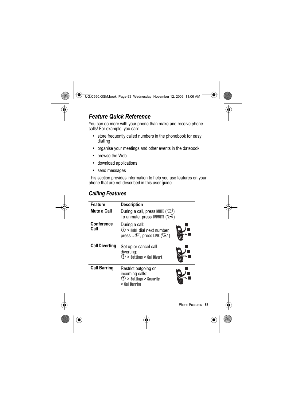 Feature quick reference, Calling features | Motorola C550 User Manual | Page 83 / 110