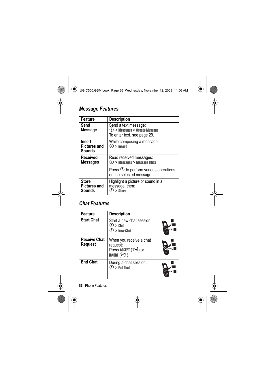 Message features chat features | Motorola C550 User Manual | Page 86 / 110