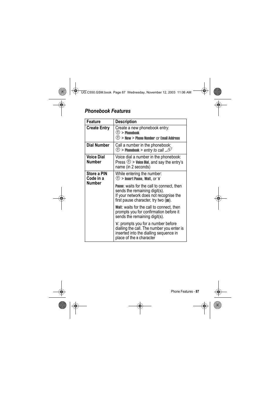 Phonebook features | Motorola C550 User Manual | Page 87 / 110