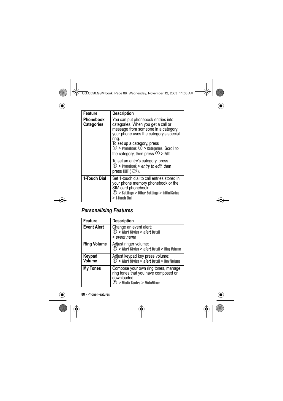 Personalising features | Motorola C550 User Manual | Page 88 / 110